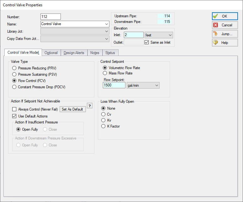 The Control Valve Properties window with Flow Control selected as the Valve type and the Flow Setpoint defined.